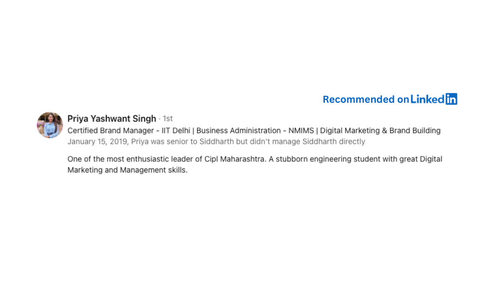 Priya recommended Siddharth Vira on Linkedin