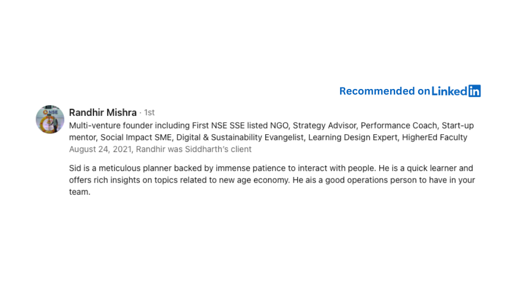 Randhir recommended Siddharth Vira on Linkedin