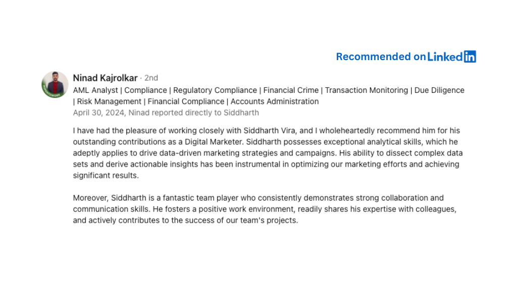 Ninad recommended Siddharth Vira on Linkedin