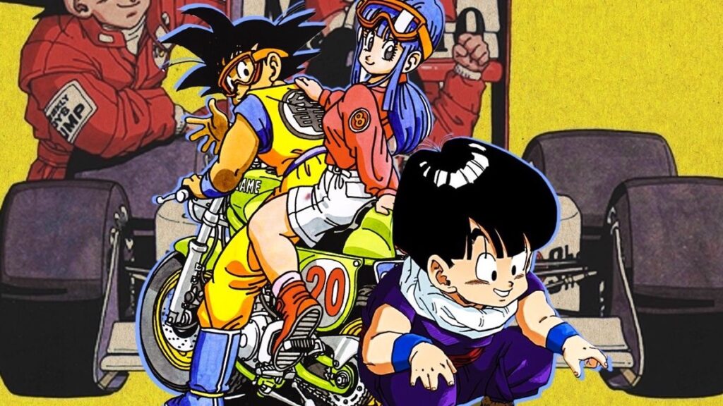 Goku, Bulma and Gohan drawn by Akira Toriyama for the 1990 Weekly Shonen Jump and McLaren Formula 1 tie-in