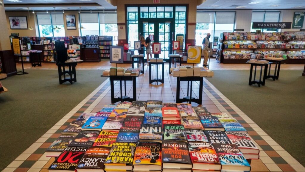 Book tables inside a Barnes and Noble store