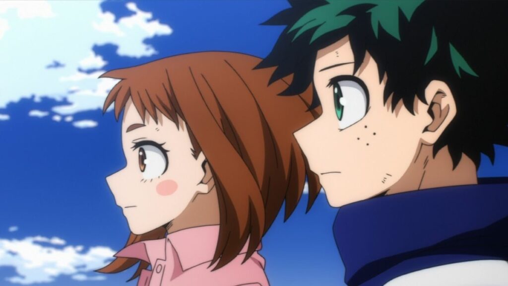 Izuku Midoriya and Ochaco Uraraka looking up at a blue sky in a scene from the My Hero Academia anime