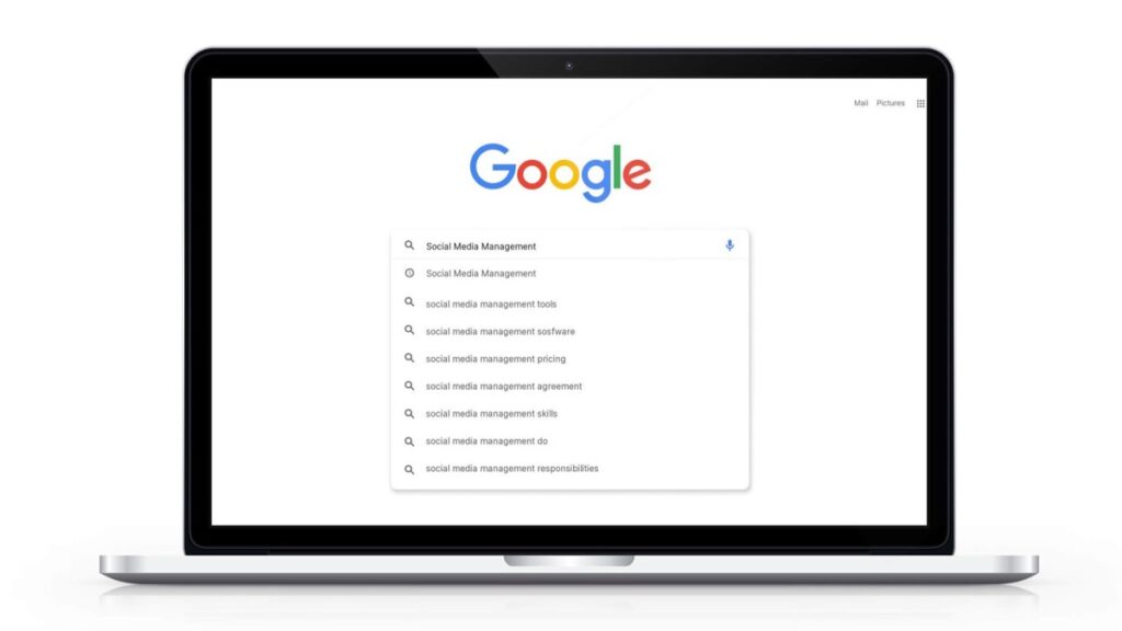A Google search results page on a laptop