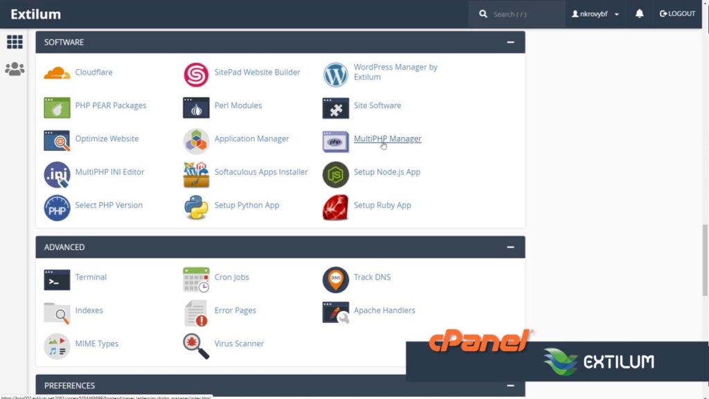 cPanel MultiPHP Manager screen listing PHP versions per domain