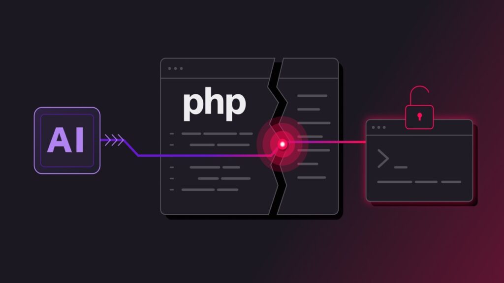 Illustration of a broken PHP panel next to an AI tool and an open terminal window