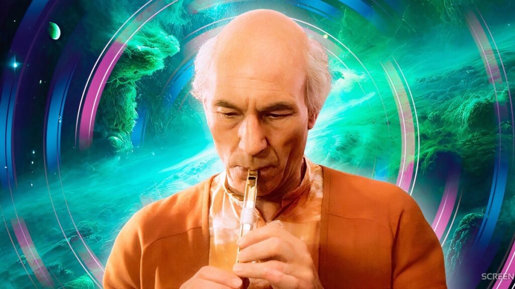 Patrick Stewart as Jean-Luc Picard playing the Ressikan flute in the Star Trek The Next Generation episode The Inner Light