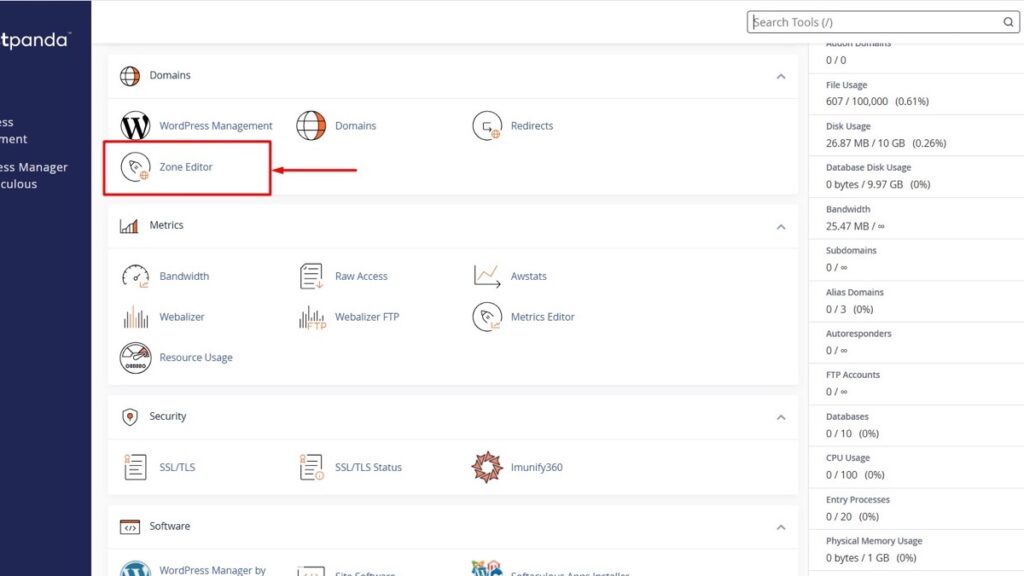 cPanel dashboard with the Zone Editor highlighted, the screen where a domain's DNS records are changed during a host move
