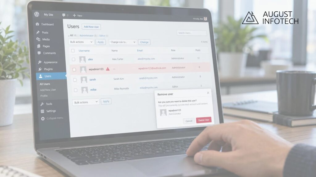 WordPress Users screen showing an administrator account called wpadmin123 created by someone unknown